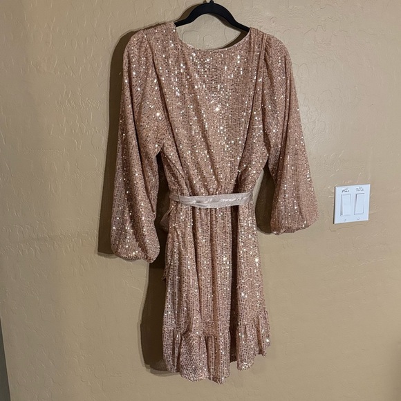 NWT LC Lauren Conrad LS long Sleeve champagne sequin midi dress Large GORGEOUS - Picture 8 of 10